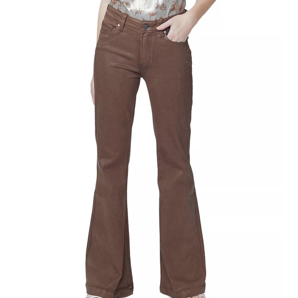 PAIGE Genevieve High Rise Flared Jeans in Cognac Luxe Coating